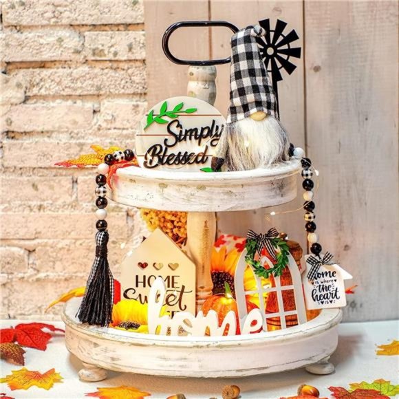 10 Pieces Farmhouse Decor for Tiered Tray, Black White Buffalo Plaid Wooden - Picture 6 of 6